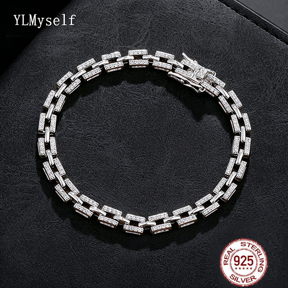 YLMyself 925 Sterling Silver Bracelet Moissanite Zircon Link Chain 15-21cm Fine Jewelry Gift