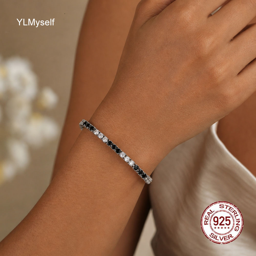 YLMYself 925 Silvevr Tennis Bracelet Black White CZ 3MM Fine Chain Unisex Fine Jewelry
