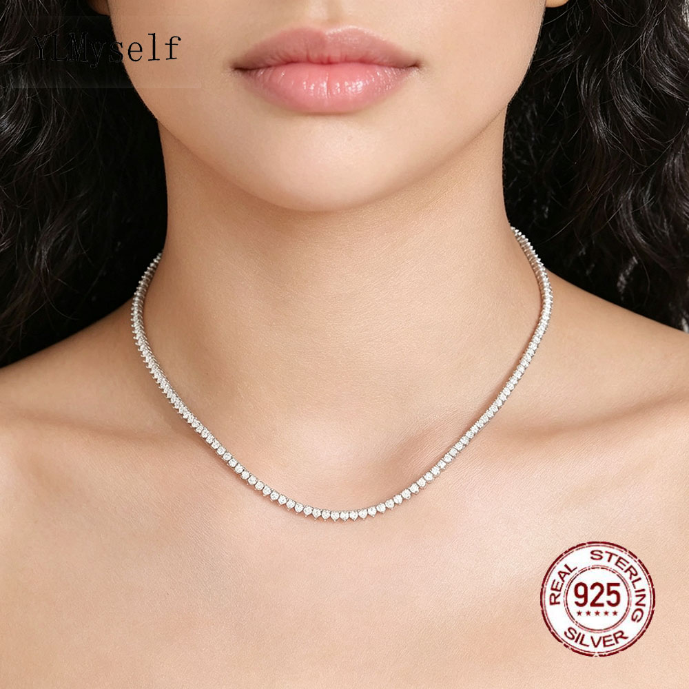 YLMyself 925 Sterling Silver Moissanite Tennis Necklace, 2mm 3-Prong Sparkling Fine Jewelry