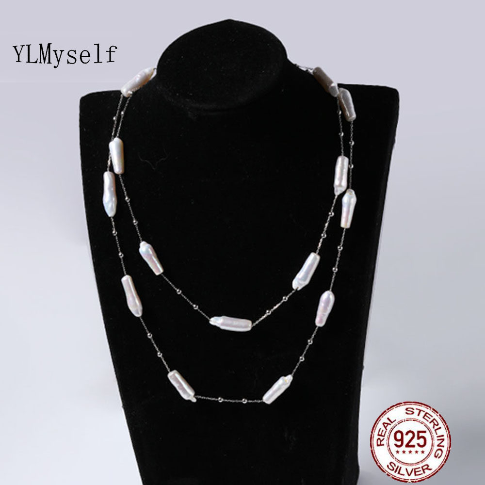 YLMYself 925 Sterling Silver Freshwater Pearl Necklace 80cm Double Layer Elongated 5-6mm Wide Slightly Imperfect Chain