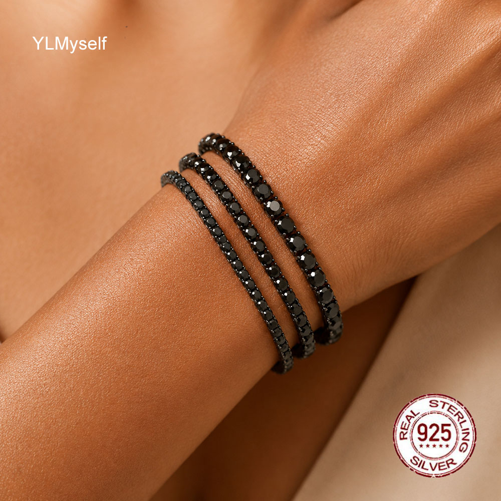 Black Cubic Zirconia Tennis Bracelet Solid 925 Sterling Silver Chain Round Cut AAA CZ Hip Hop Jewelry 3mm 4mm 5mm 14-21cm
