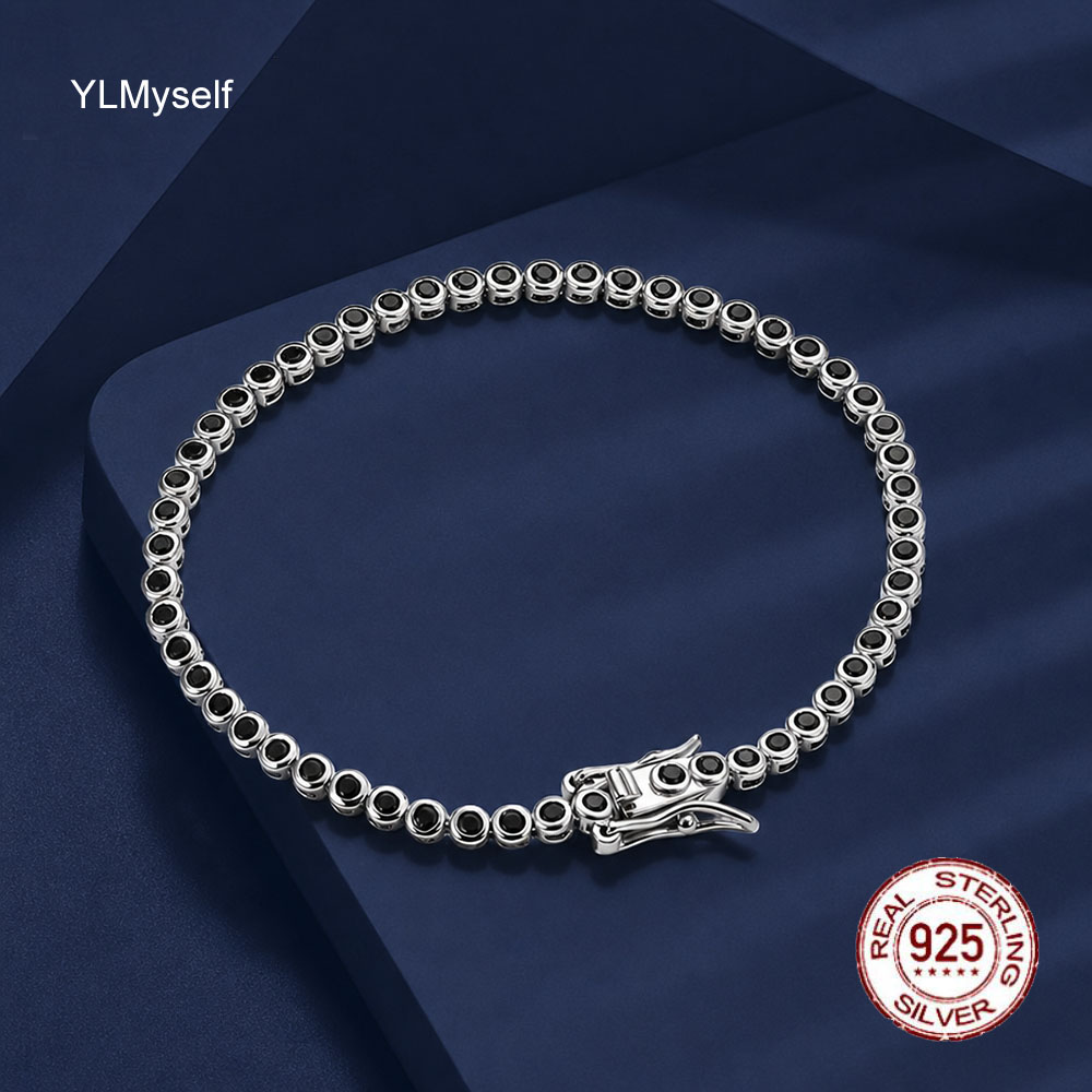 2mm Black Cubic Zirconia Tennis Bracelet Solid 925 Sterling Silver Chain Round Cut AAA CZ Hip Hop Jewelry