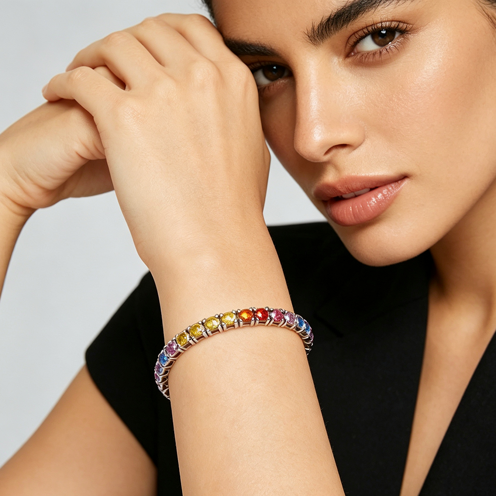 YLMyself Rainbow CZ Tennis Bracelet For Women 6.5-7.5 Inch Pave 3mm Silver/Yellow Gold Colorful Zircon Chain Gift