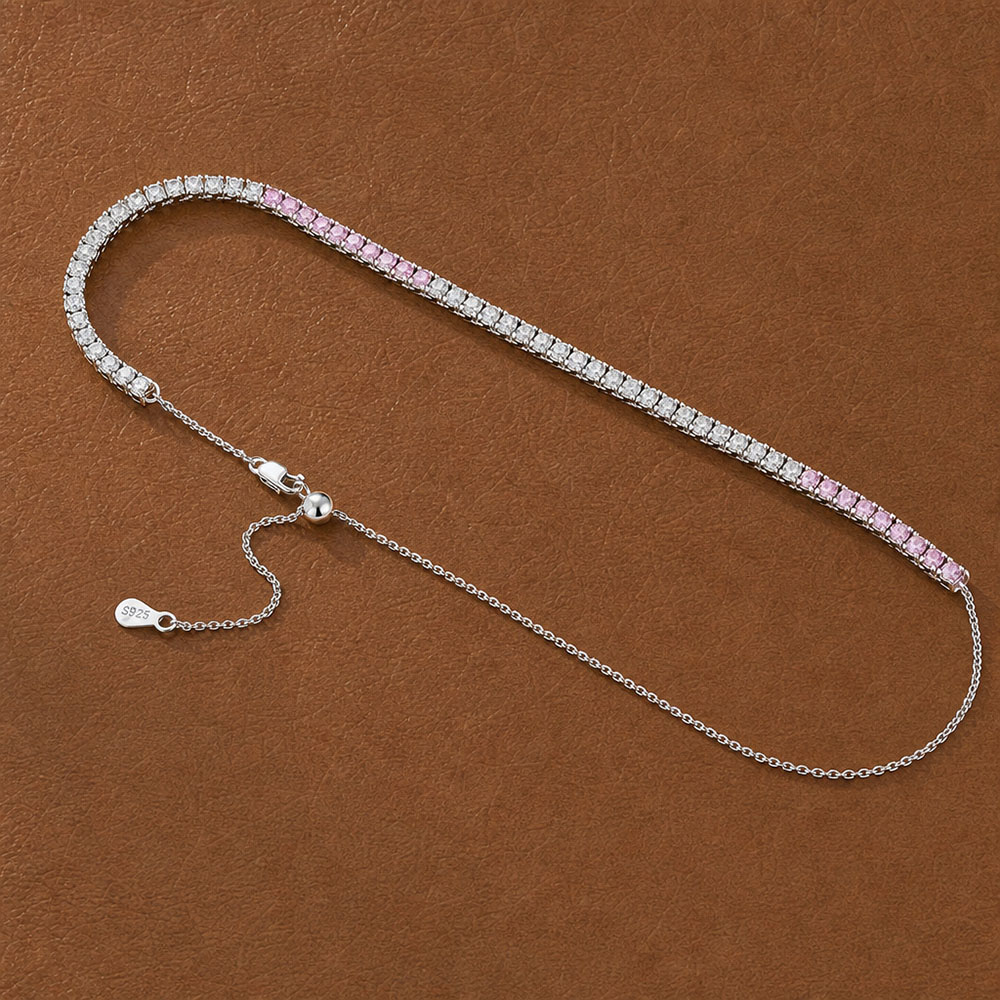 YLMYself 925 Sterling Silver Tennis Choker CZ 3mm Graduated Pink White Zircon Adjustable 16 Inch