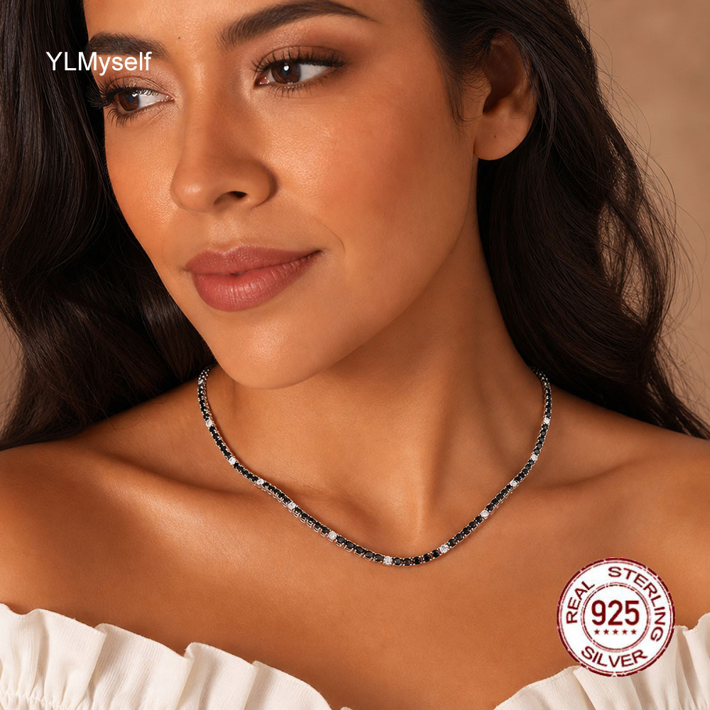 18 Inch (45cm) Real 925 Sterling Silver Tennis Chain Necklace 3 mm wide 5pc Black Mix 1pc White Cubic Zircon Fine Jewelry