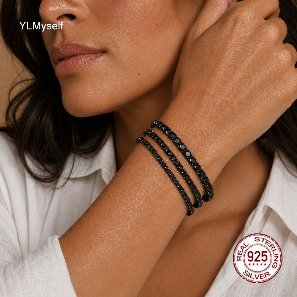 Solid Pure Silver Chain Pave 3 mm/4mm/5mm Round Black Moissanite Diamond Hiphop Rock Real 925 Jewelry 14-21 cm Tennis Bracelet