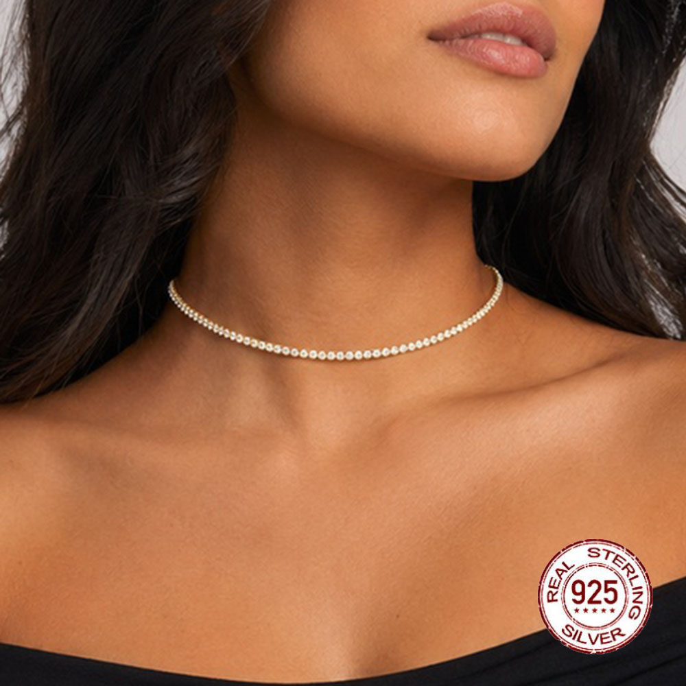 YLMyself 925 Sterling Silver Tennis Choker 2Mm Adjustable 38-41Cm Sparkly Moissanite Necklace White Gold Fine Jewelry