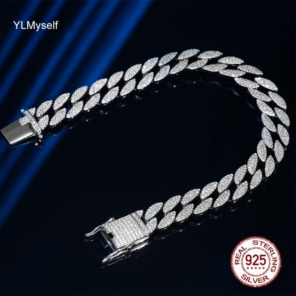 YLMYself 925 Sterling Silver Cuban Chain Bracelet 1cm Wide 16-23cm Pave 1.1mm Zircon Hip Hop Rock Unisex