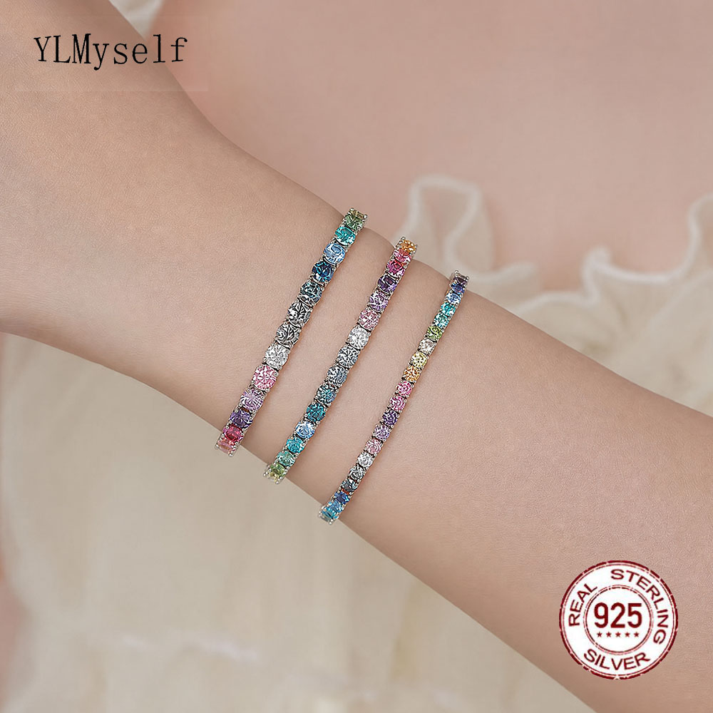 YLMyself 925 Silver Moissanite Tennis Bracelet 3-6.5mm Rainbow CZ Chain Fine Jewelry Gift