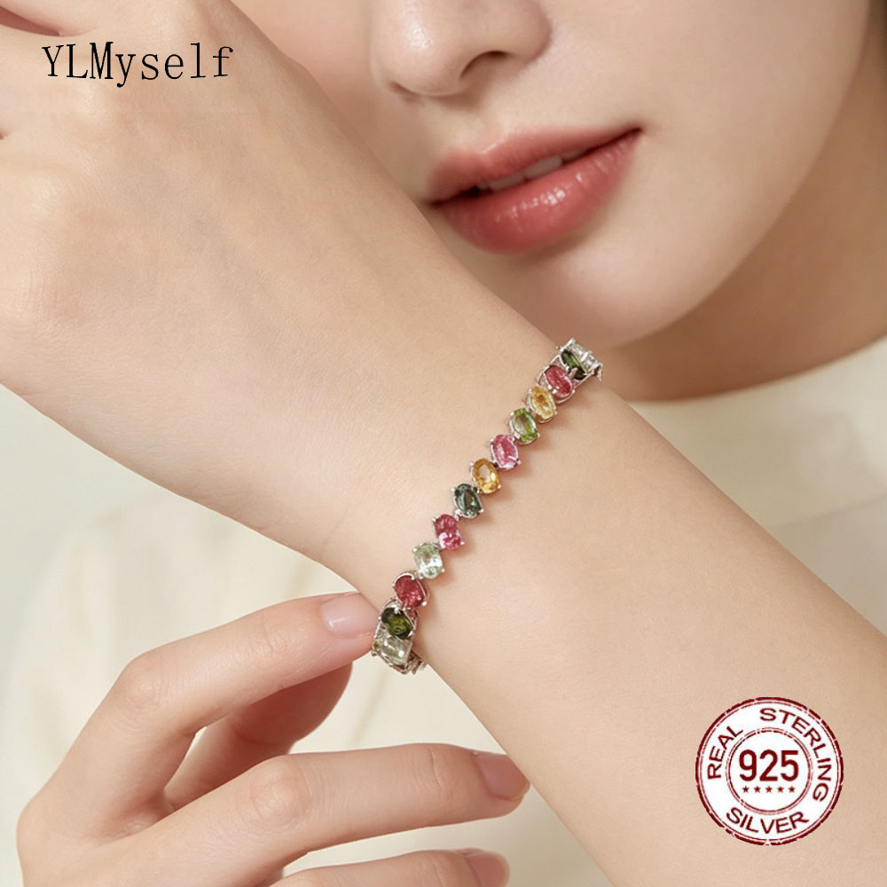 YLMyself 925 Silver Bracelet Natural Tourmaline Oval 4x6mm Rainbow Tennis Chain Jewelry